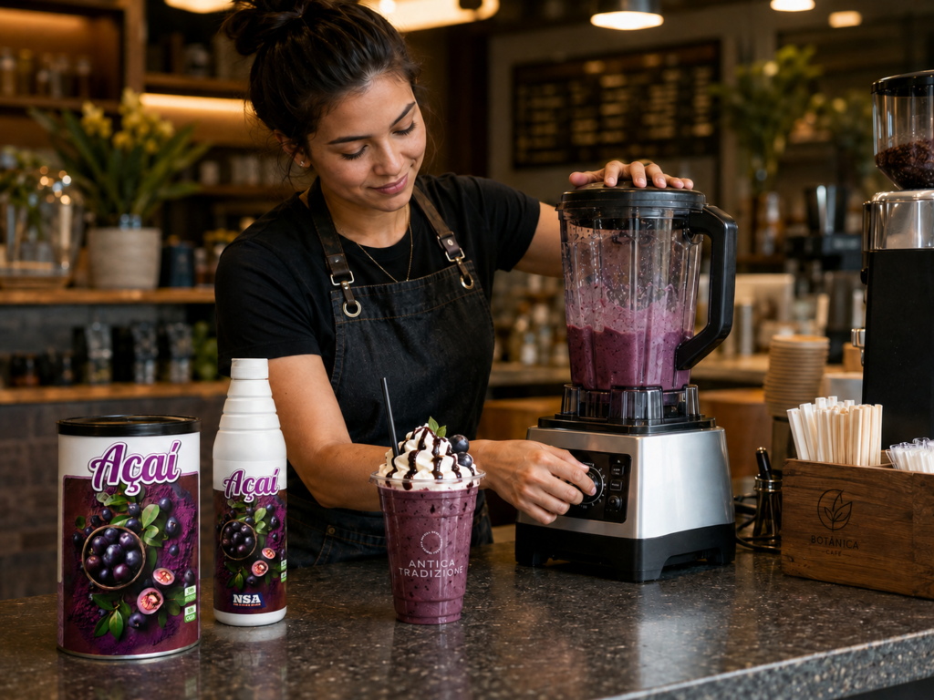 Barista preparando A&ccedil;a&iacute; profesional Antica Tradizione en cafeter&iacute;a