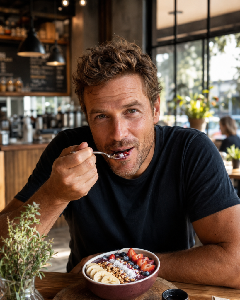 Cliente tomando un A&ccedil;a&iacute; Bowl en una cafeter&iacute;a