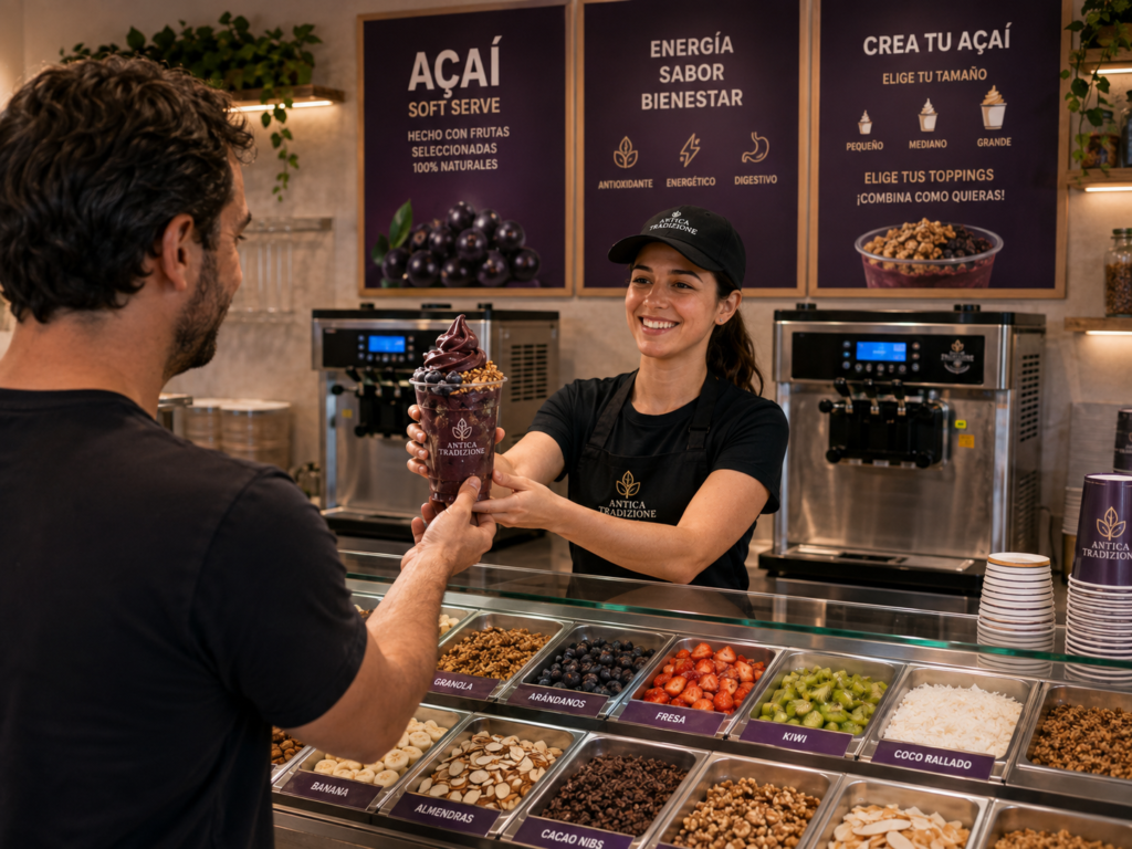 Concepto especializado de A&ccedil;a&iacute; con soft serve y toppings