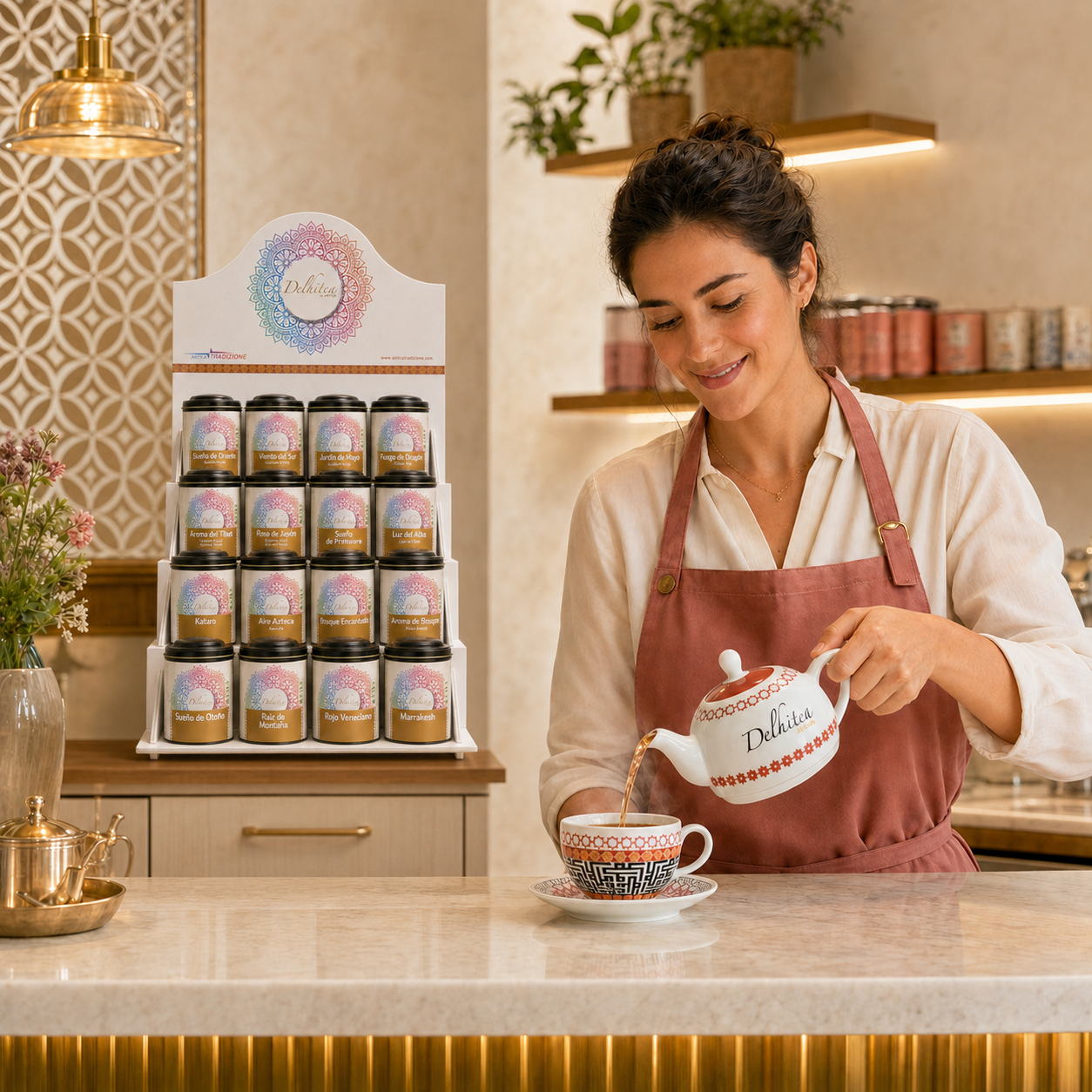 Camarera sirviendo t&eacute; Delhitea junto al expositor de 16 variedades en una cafeter&iacute;a