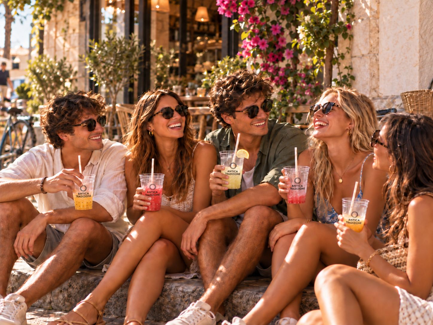 Grupo de amigos disfrutando de granizados para llevar
