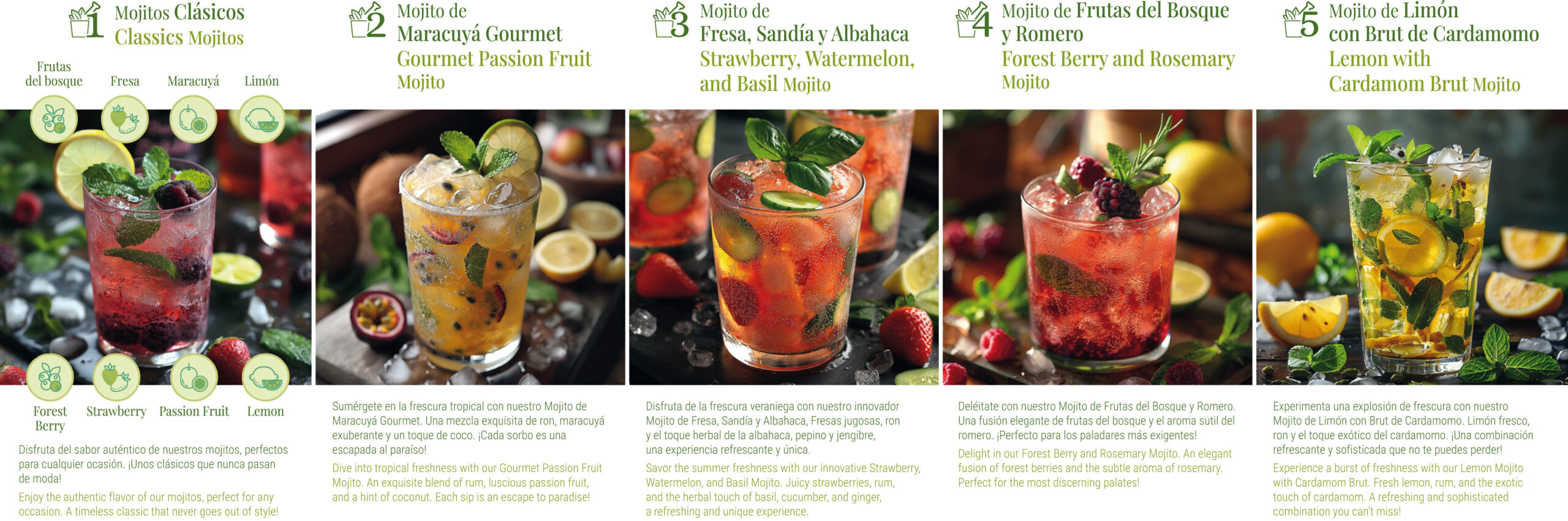 Interior de la carta de Antica Tradizione con mojitos cl&aacute;sicos y cuatro especialidades