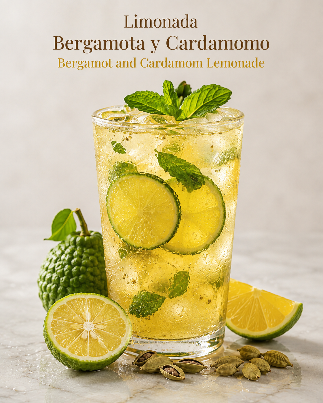 Limonada de bergamota y cardamomo presentada en vaso largo