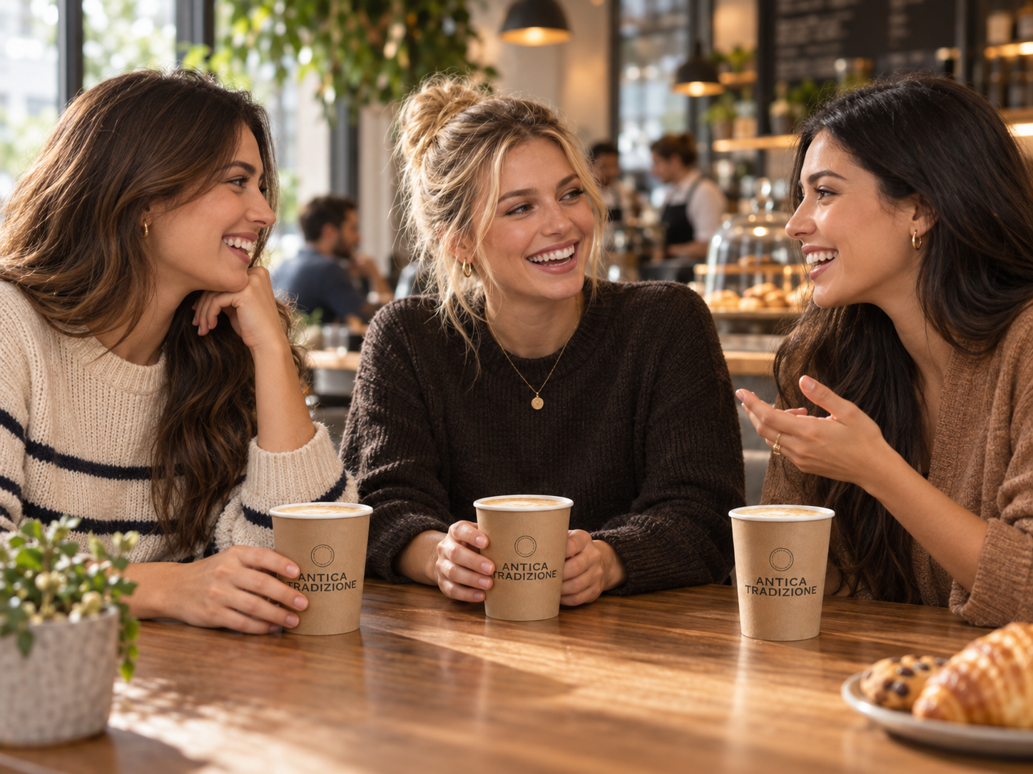 Clientes disfrutando de Cappuccinos Antica Tradizione en una cafeter&iacute;a