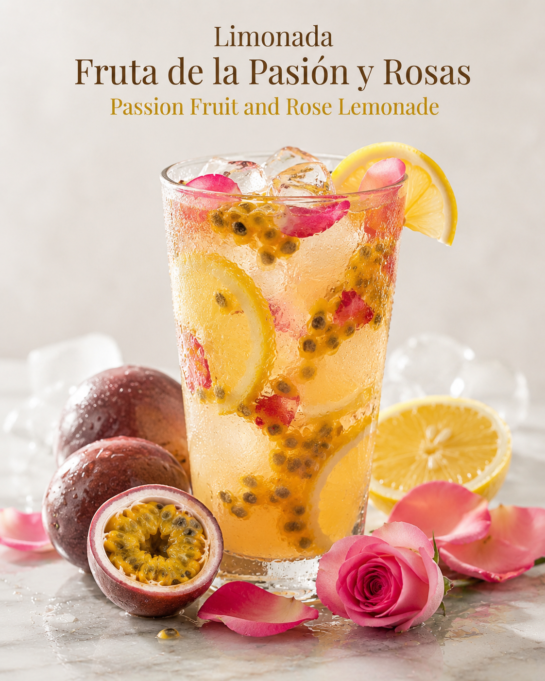Limonada de fruta de la pasi&oacute;n y rosas con decoraci&oacute;n floral