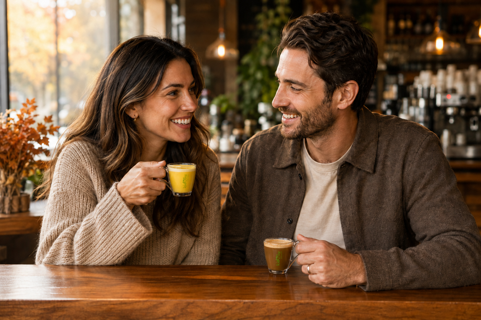 Pareja disfrutando de bebidas Wellness calientes en una cafeter&iacute;a