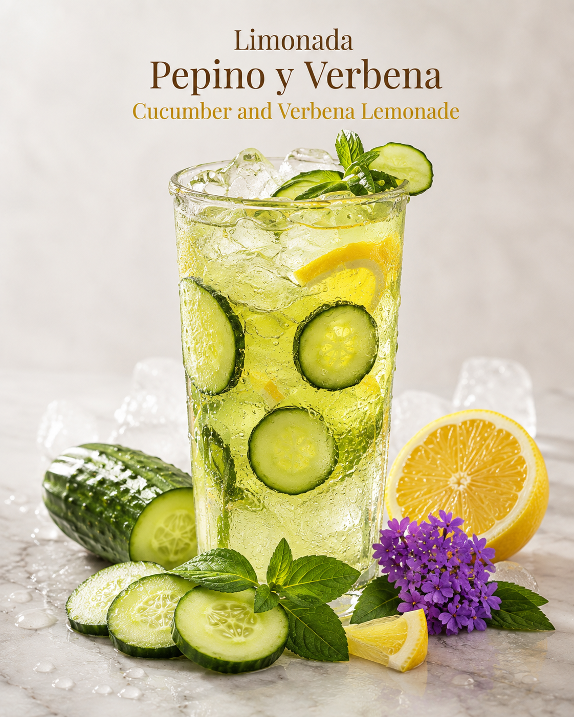Limonada de pepino y verbena con hielo y rodajas de pepino