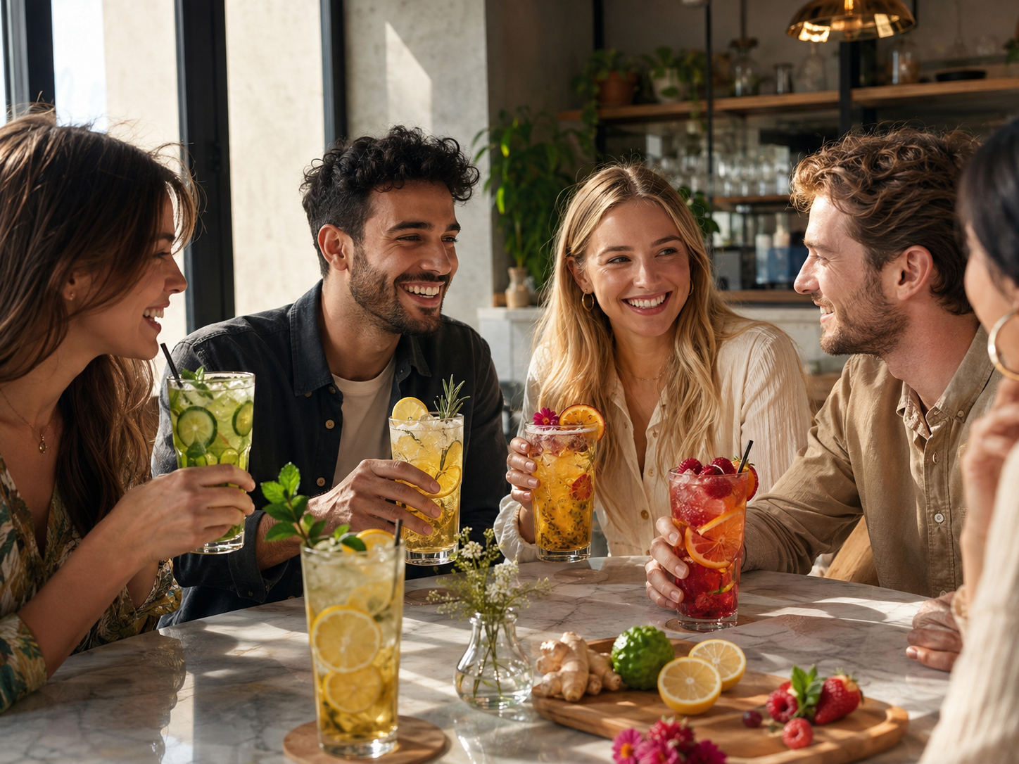 Grupo de amigos con distintas limonadas en una cafeter&iacute;a