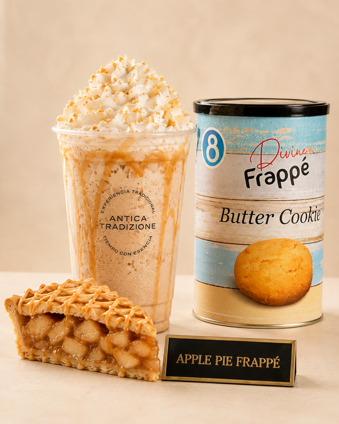 Apple Pie Frapp&eacute; con Butter Cookie y una porci&oacute;n de tarta de manzana