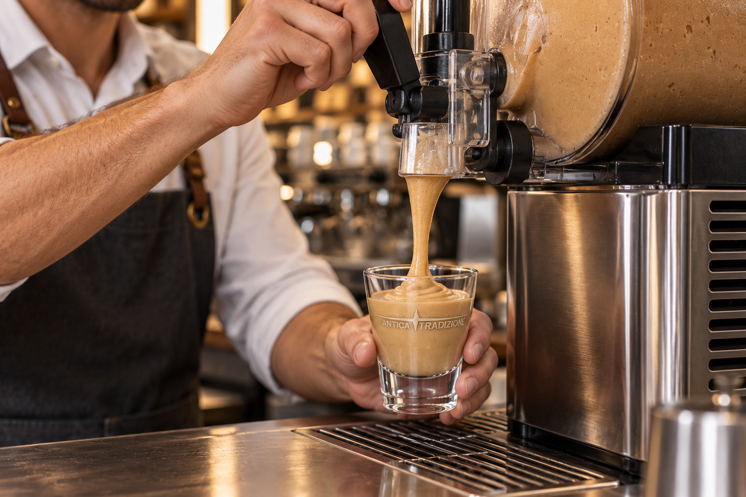 Barista sirviendo crema fr&iacute;a de caf&eacute; Coffeecream desde una granizadora profesional