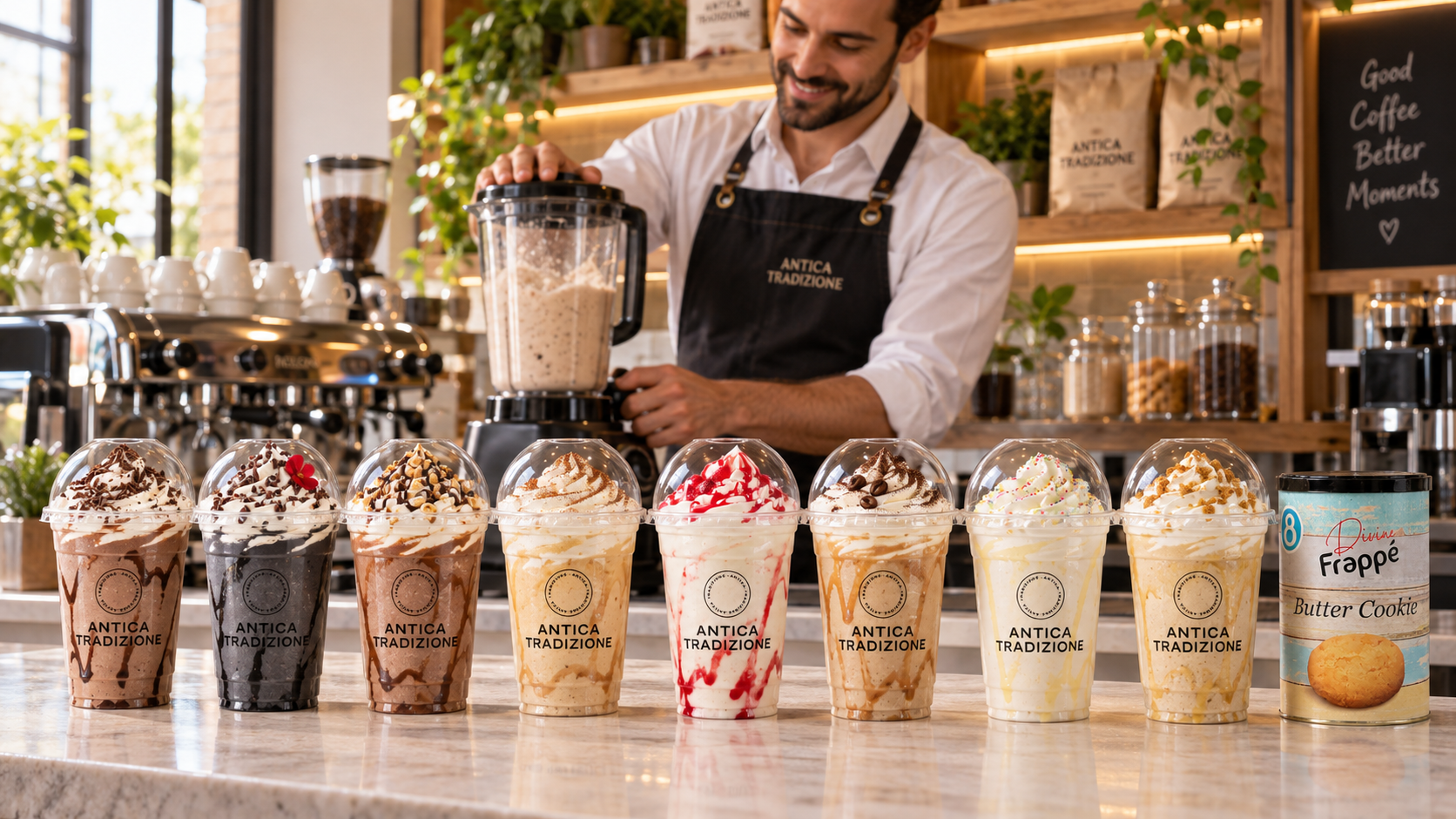 Barman preparando Divine Frapp&eacute; junto a ocho bebidas con diferentes acabados