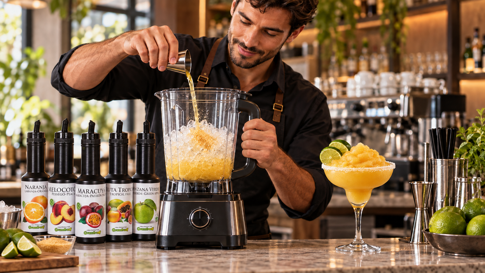 Preparaci&oacute;n de un c&oacute;ctel granizado en batidora con pur&eacute;s de fruta Granifruit.