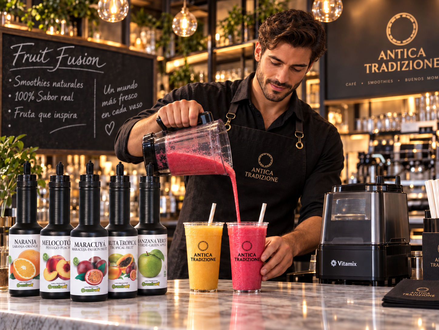Barman preparando smoothie en barra
