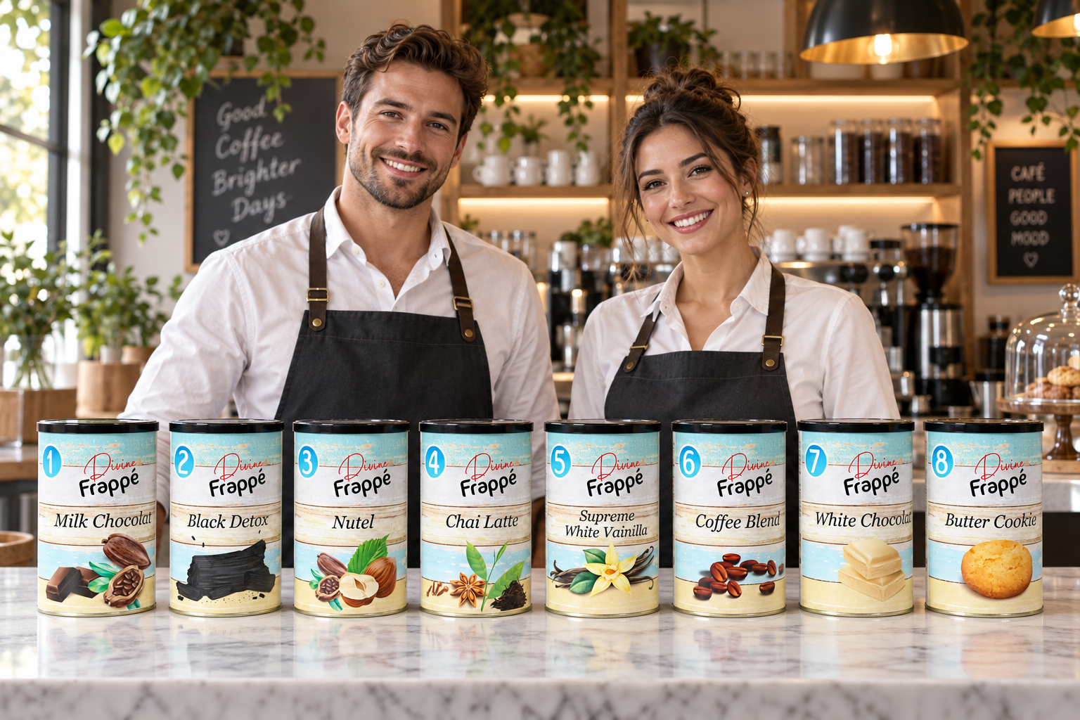 Ocho latas de Divine Frapp&eacute; expuestas sobre una barra de cafeter&iacute;a