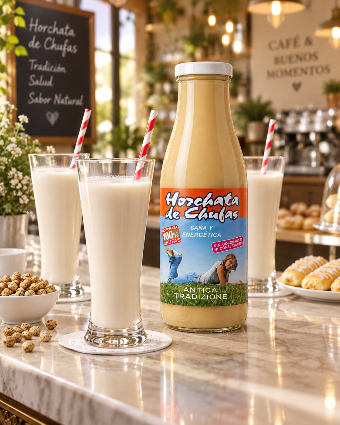 Botella de horchata de chufa Antica Tradizione con vasos servidos en una cafeter&iacute;a