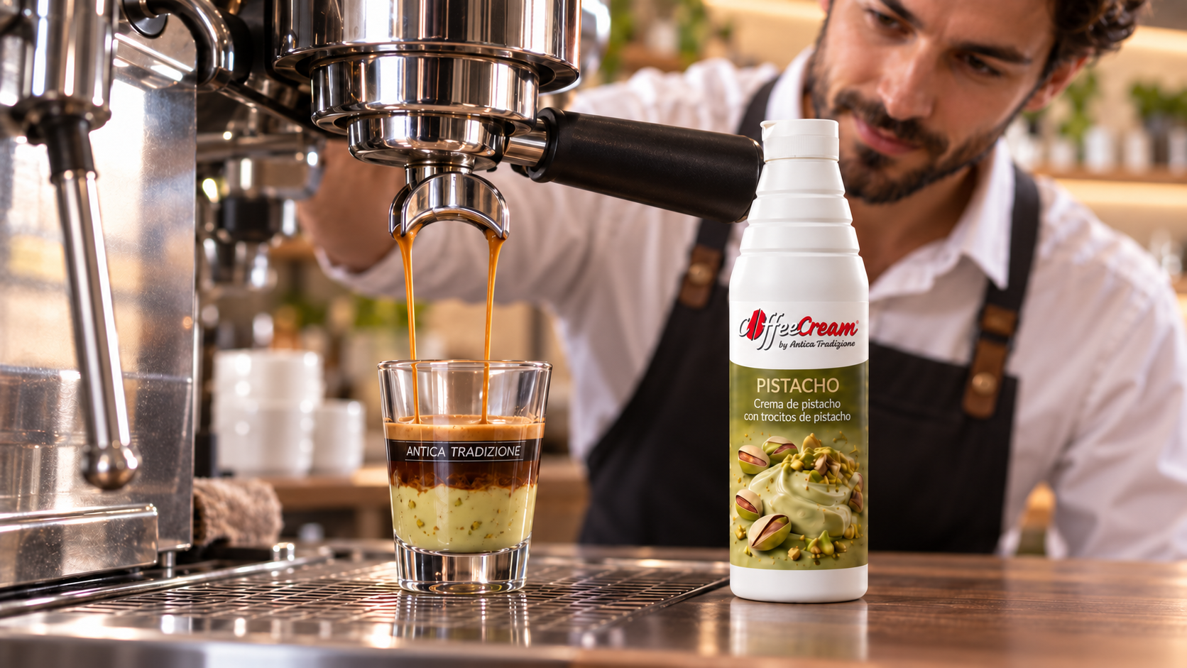Espresso cayendo sobre crema Coffeecream de pistacho en una cafeter&iacute;a
