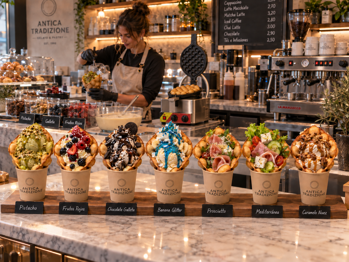 Cafeter&iacute;a con barra expositora de waffles dulces y salados, camarera y gofrera en uso