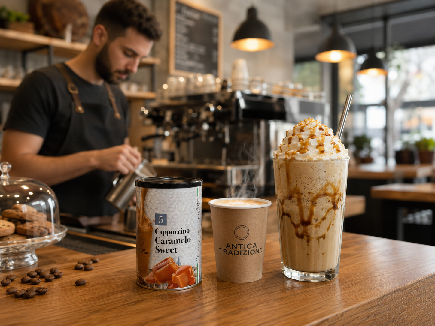 Cappuccino Caramelo Antica Tradizione servido caliente y en versi&oacute;n fr&iacute;a tipo frapp&eacute;