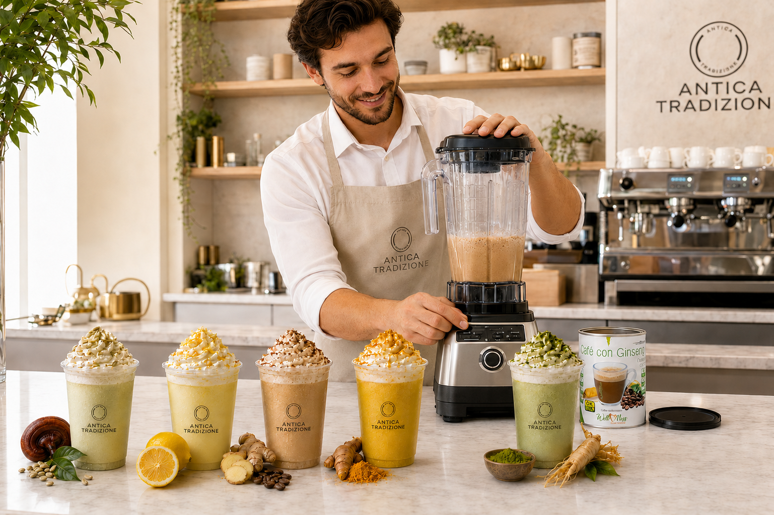Camarero preparando bebidas Wellness fr&iacute;as tipo frapp&eacute; en una cafeter&iacute;a