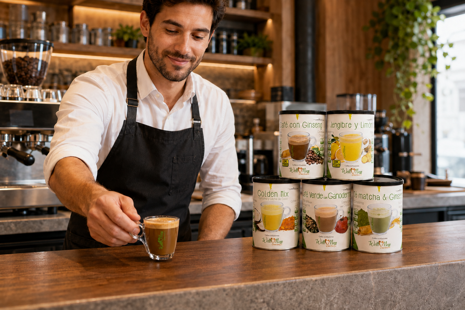 Camarero sirviendo una bebida Wellness caliente de Antica Tradizione en cafeter&iacute;a