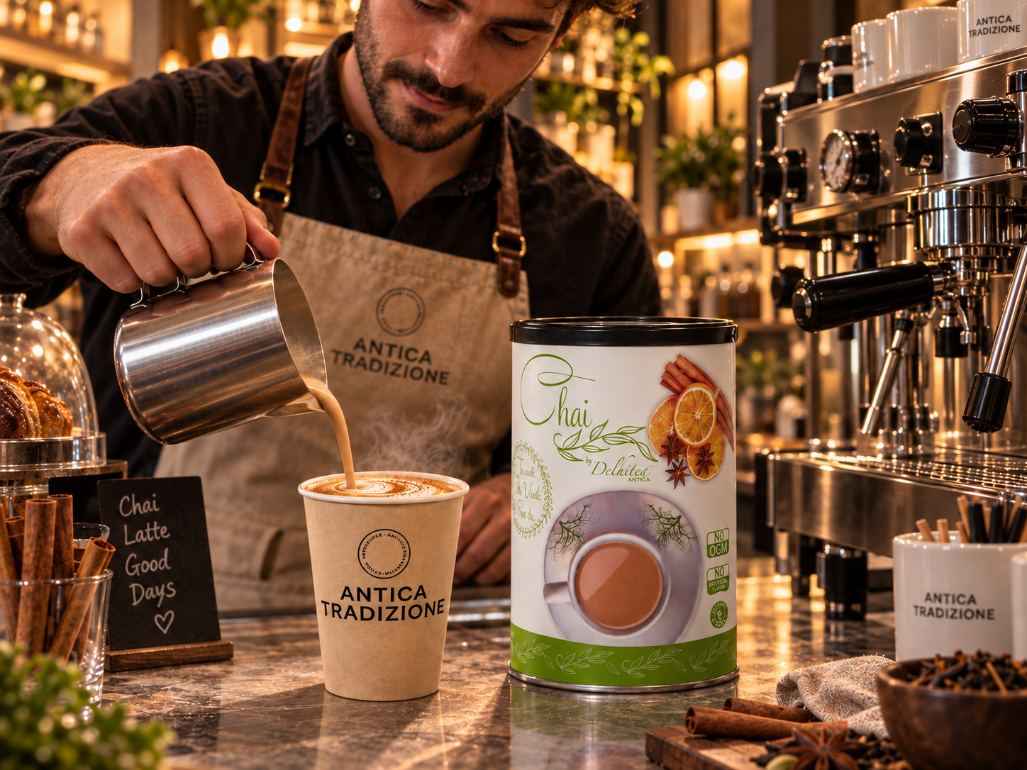 Camarero preparando un Chai Latte en vaso de cart&oacute;n