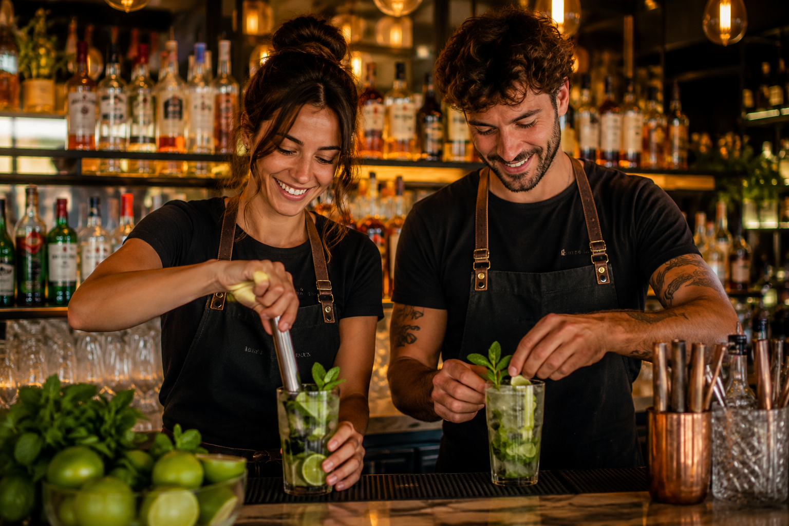 Dos profesionales preparando mojitos en la barra de una cocteler&iacute;a