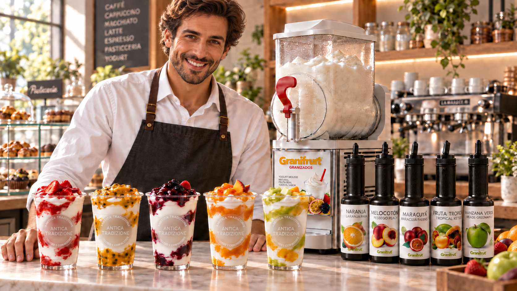 Mousse de yogur Il Greco con Granifruit preparada en granizadora para cafeter&iacute;as