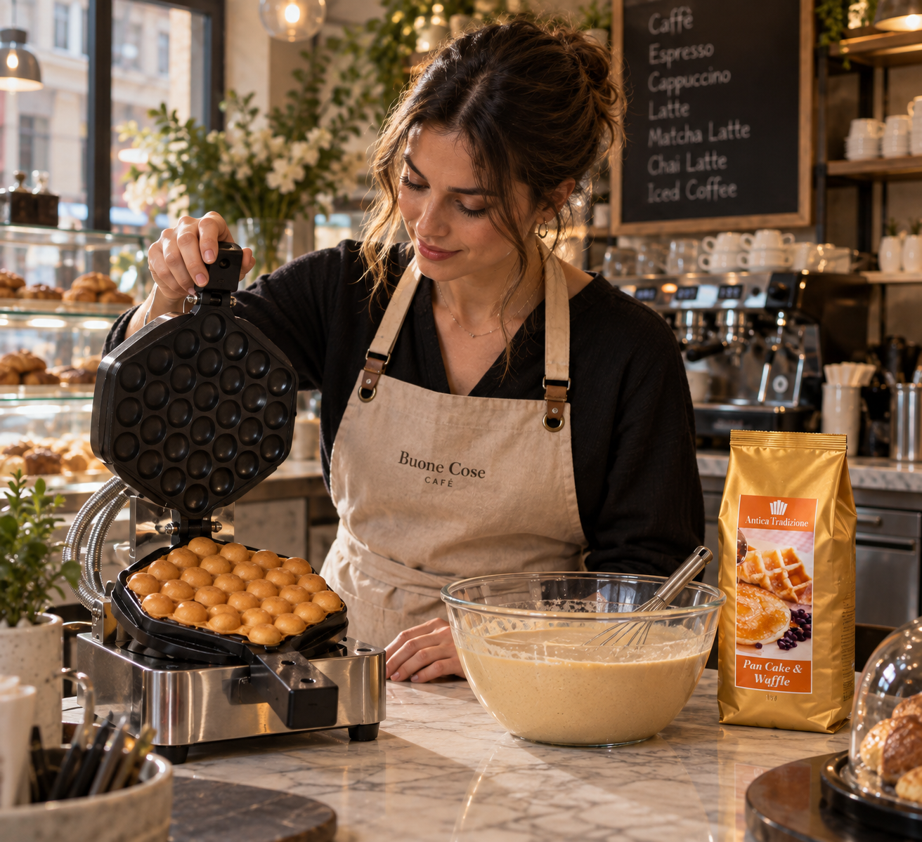 Camarera abriendo una gofrera con masa y bolsa de base Waffles Lovers