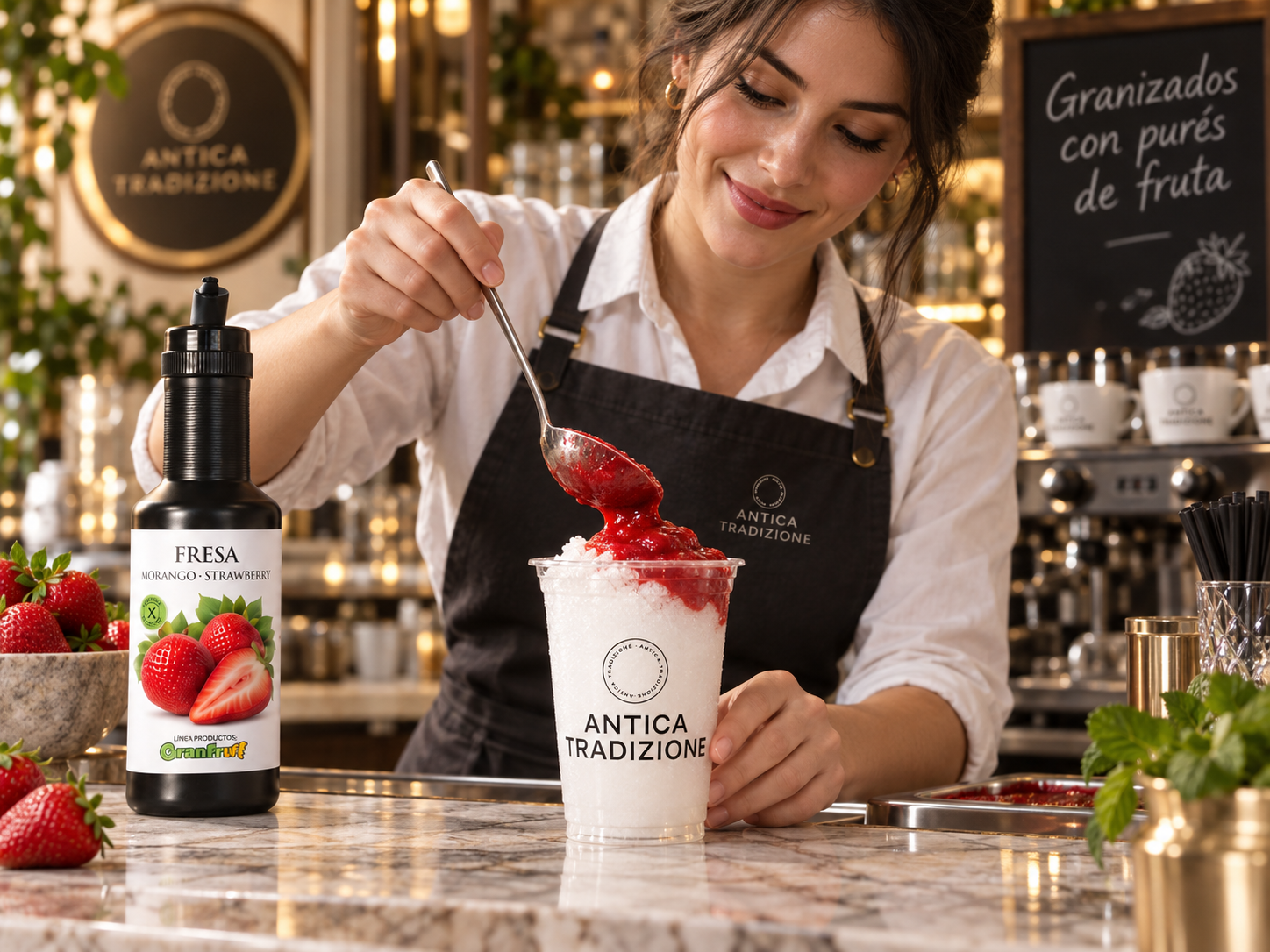 Preparaci&oacute;n de un granizado con base neutra y pur&eacute; de fresa a&ntilde;adido al servir