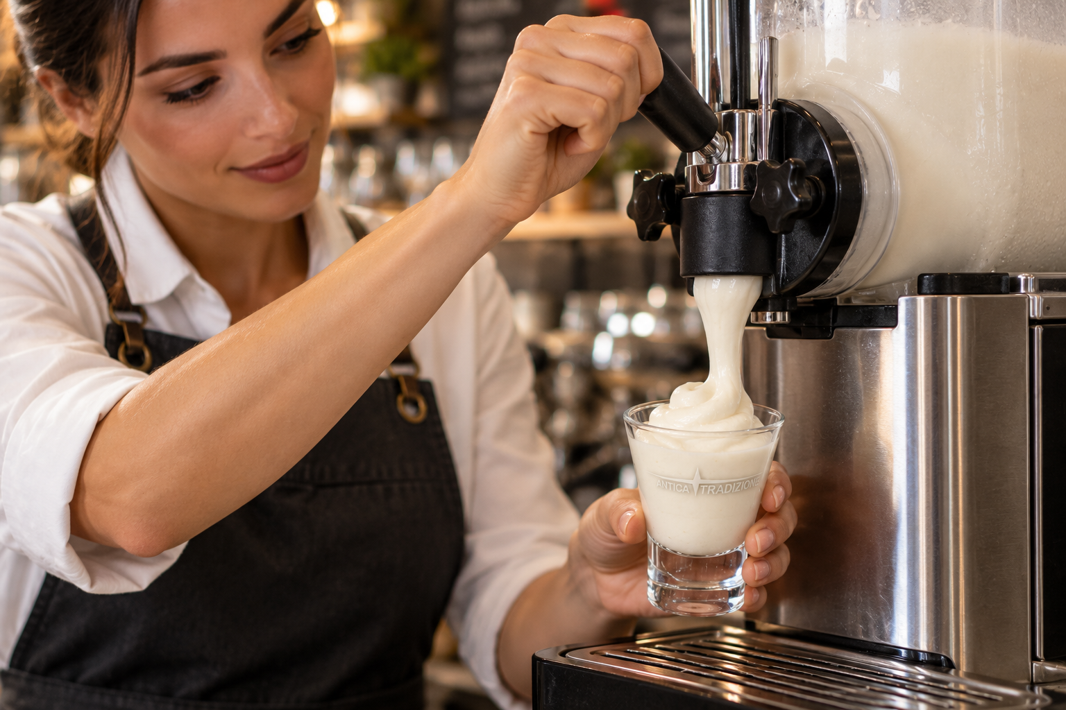 Barista sirviendo mousse de yogur Il Greco desde una granizadora profesional