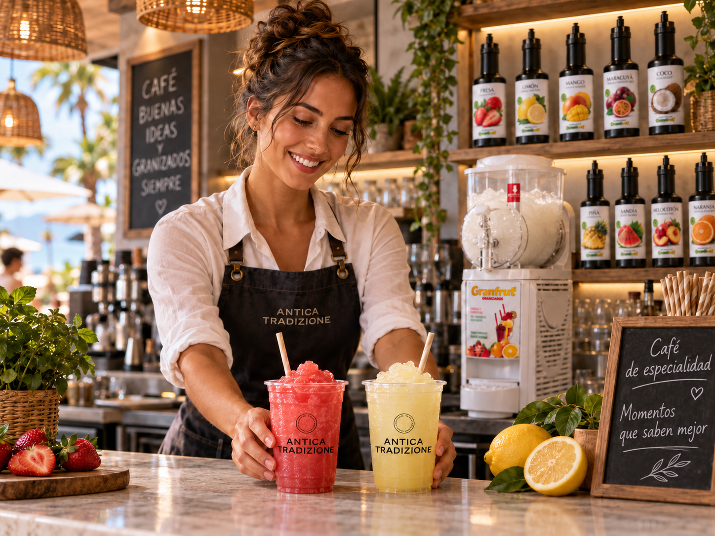 Camarera presentando dos granizados en la barra de una cafeter&iacute;a