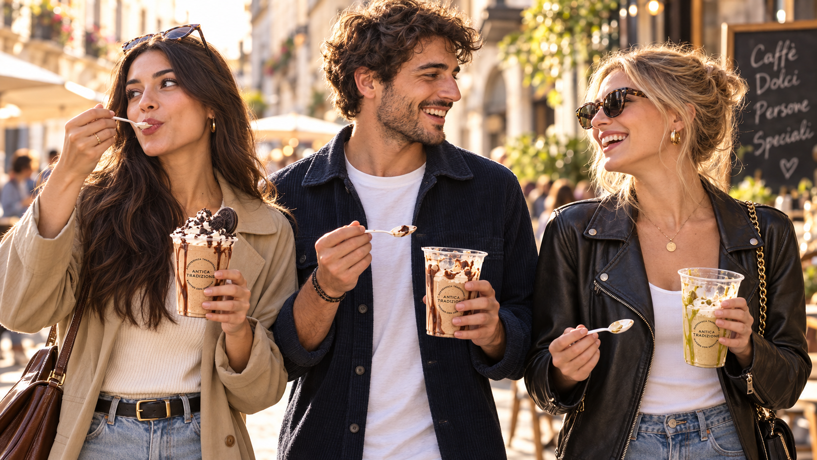 Clientes disfrutando crema fr&iacute;a de caf&eacute; Coffeecream en formato take away