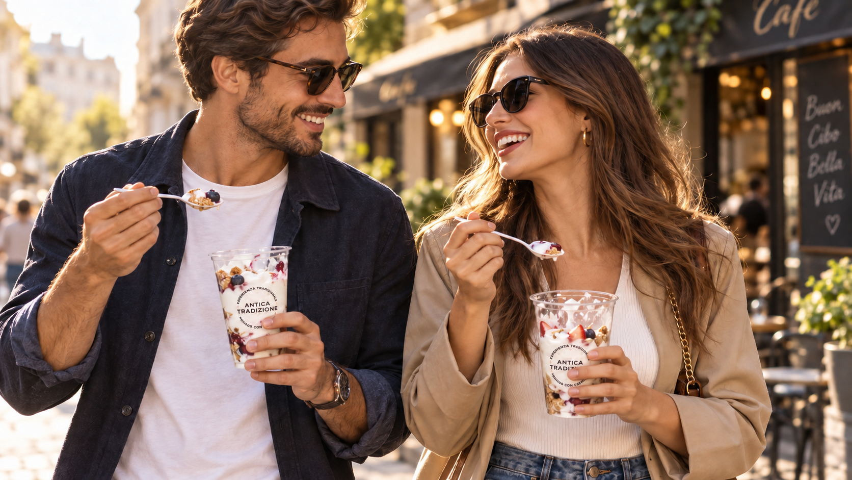 Clientes tomando mousse de yogur Il Greco en vasos take away