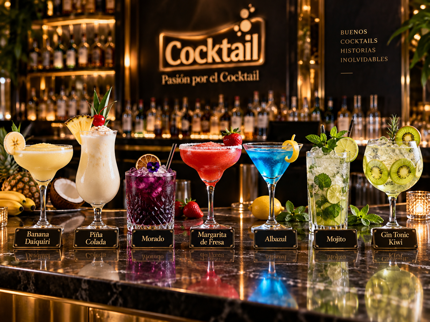 Selecci&oacute;n de c&oacute;cteles preparados con pur&eacute;s de fruta Granifruit presentados sobre una barra de hosteler&iacute;a: Banana Daiquiri, Pi&ntilde;a Colada, Morado, Margarita de Fresa, Albazul, Mojito y Gin Tonic Kiwi.