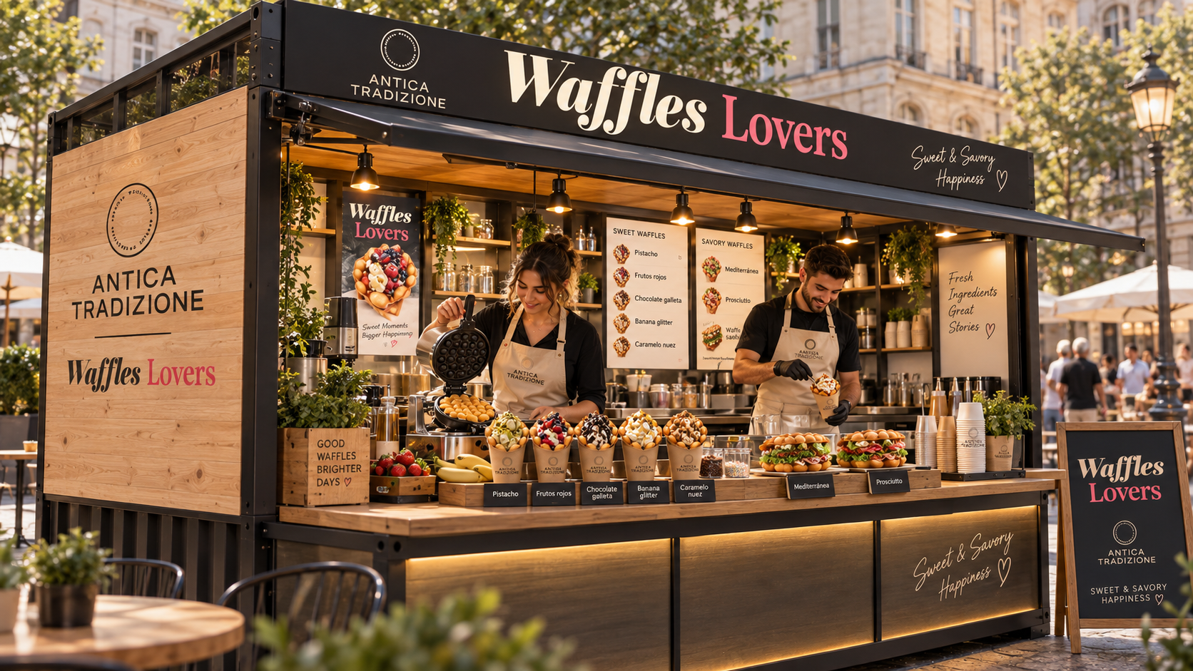 C&oacute;rner Waffles Lovers con r&oacute;tulo y presentaci&oacute;n del producto