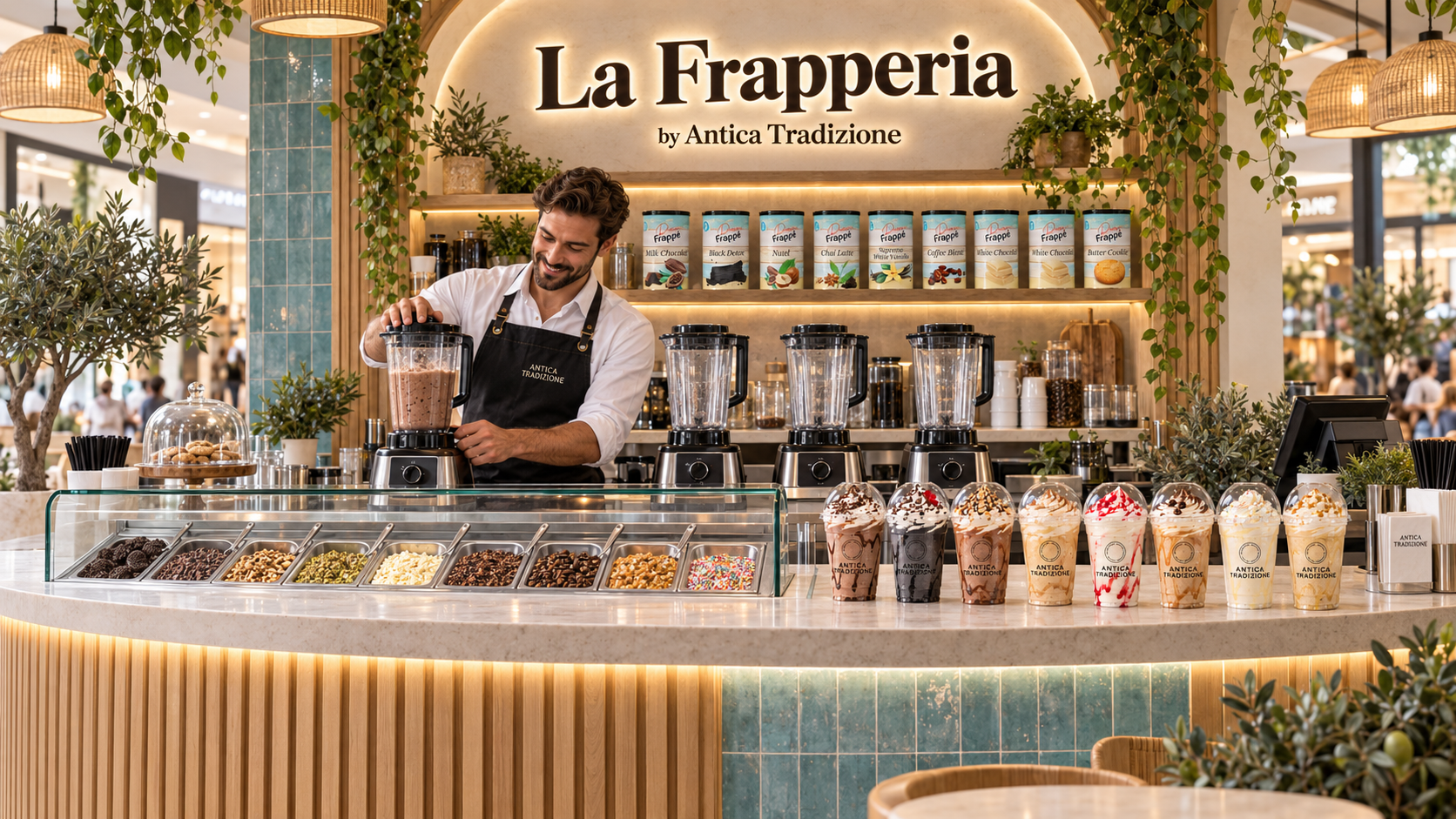 Propuesta visual del c&oacute;rner La Frapperia by Antica Tradizione con batidoras y toppings