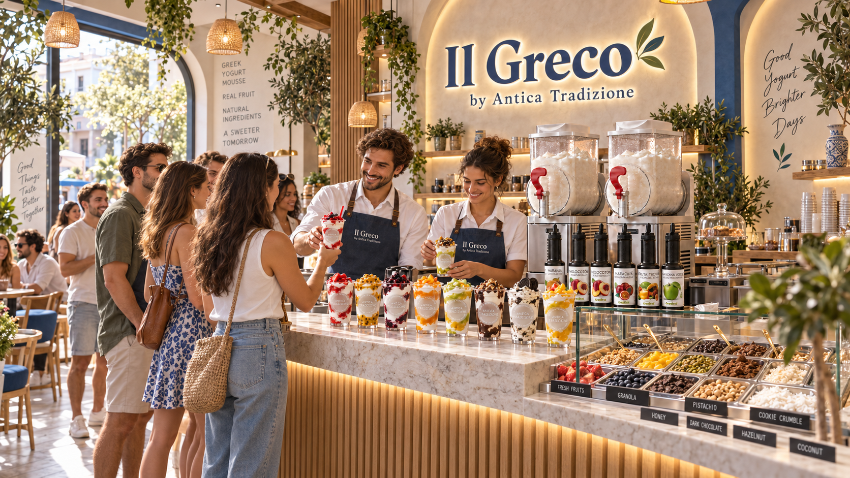 Concepto de negocio Il Greco con mousse de yogur, Granifruit, toppings y granizadoras