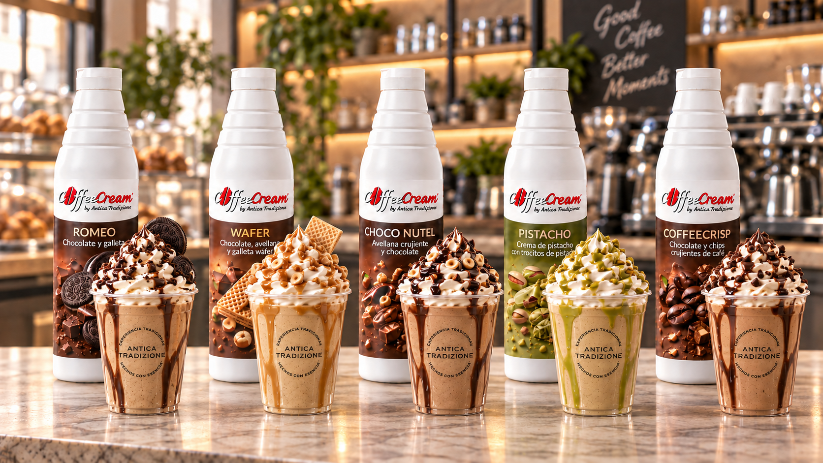 Crema fr&iacute;a de caf&eacute; Coffeecream en vasos take away con diferentes sabores y toppings