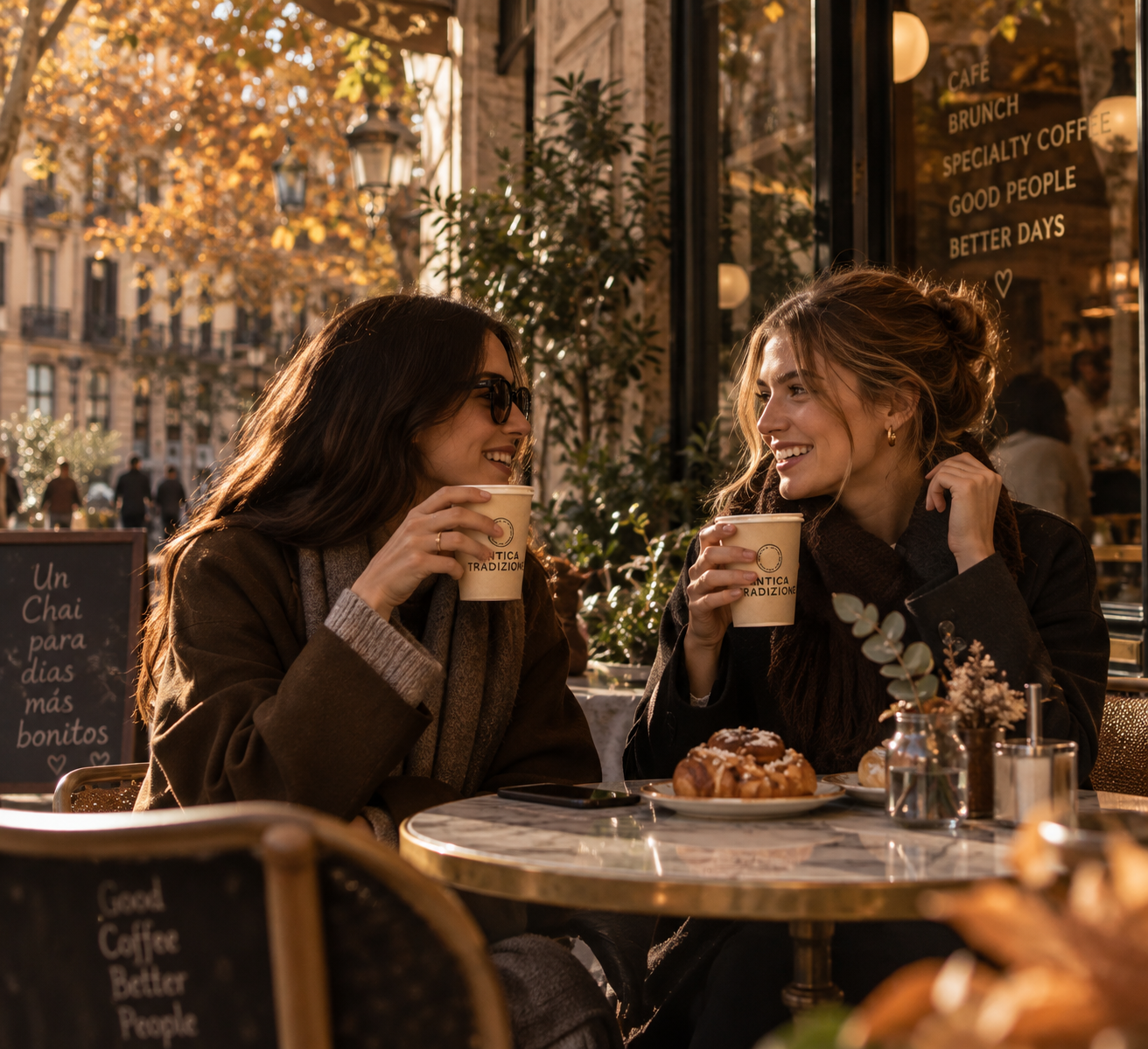 Dos chicas tomando Chai Latte caliente en una terraza