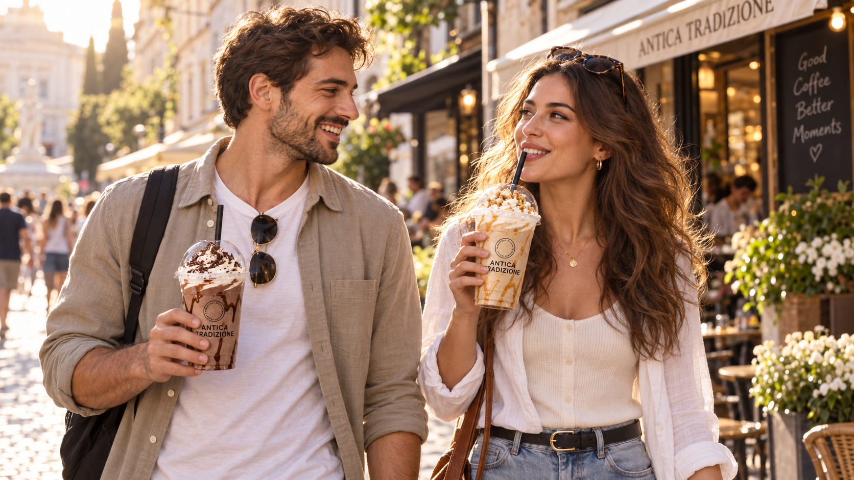 Dos amigos tomando frapp&eacute;s Antica Tradizione para llevar por la calle
