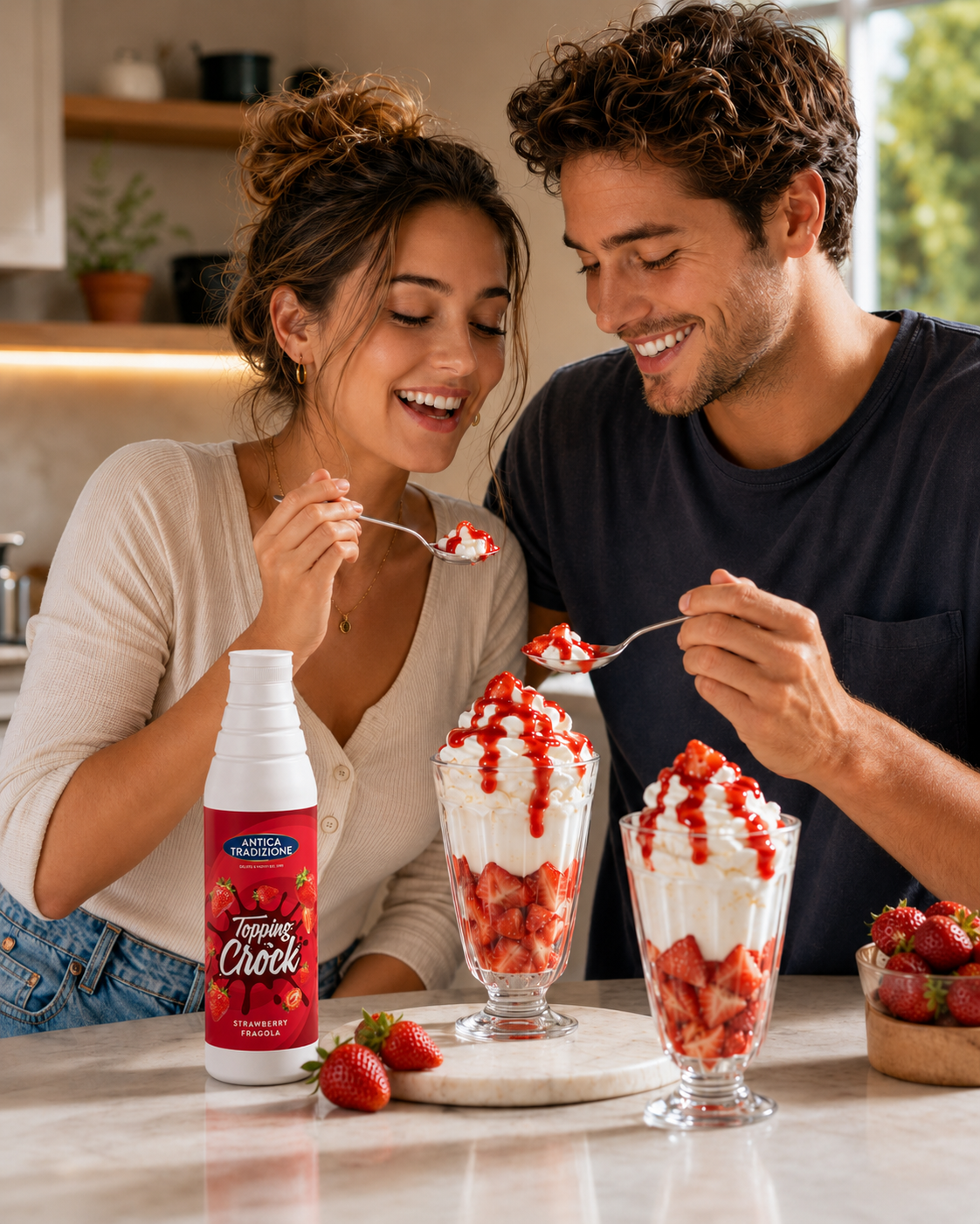 Crema Fresa Crock en botella de 1 litro con copas de postre