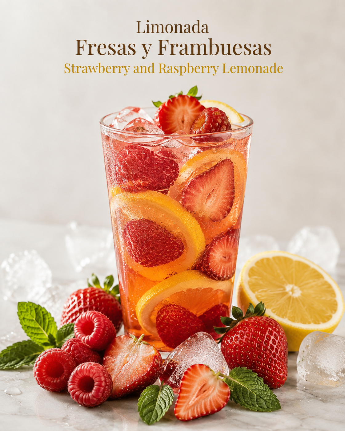 Limonada de fresas y frambuesas presentada con frutas rojas