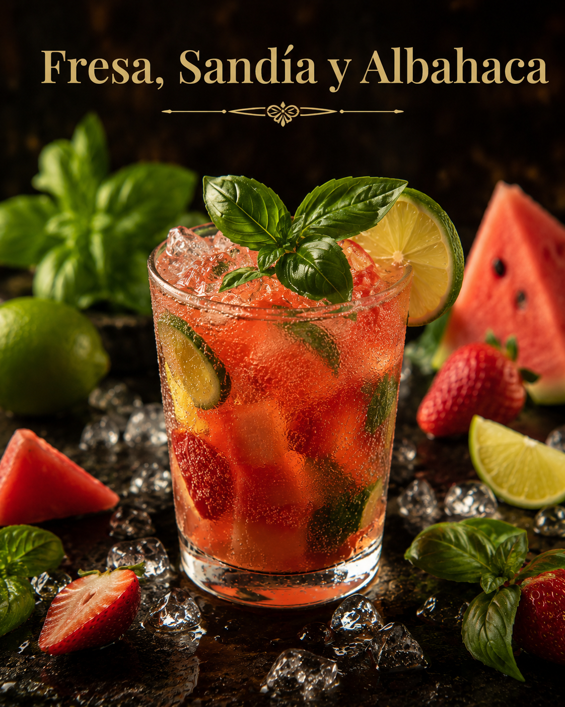 Mojito de fresa, sand&iacute;a y albahaca presentado con hielo y fruta