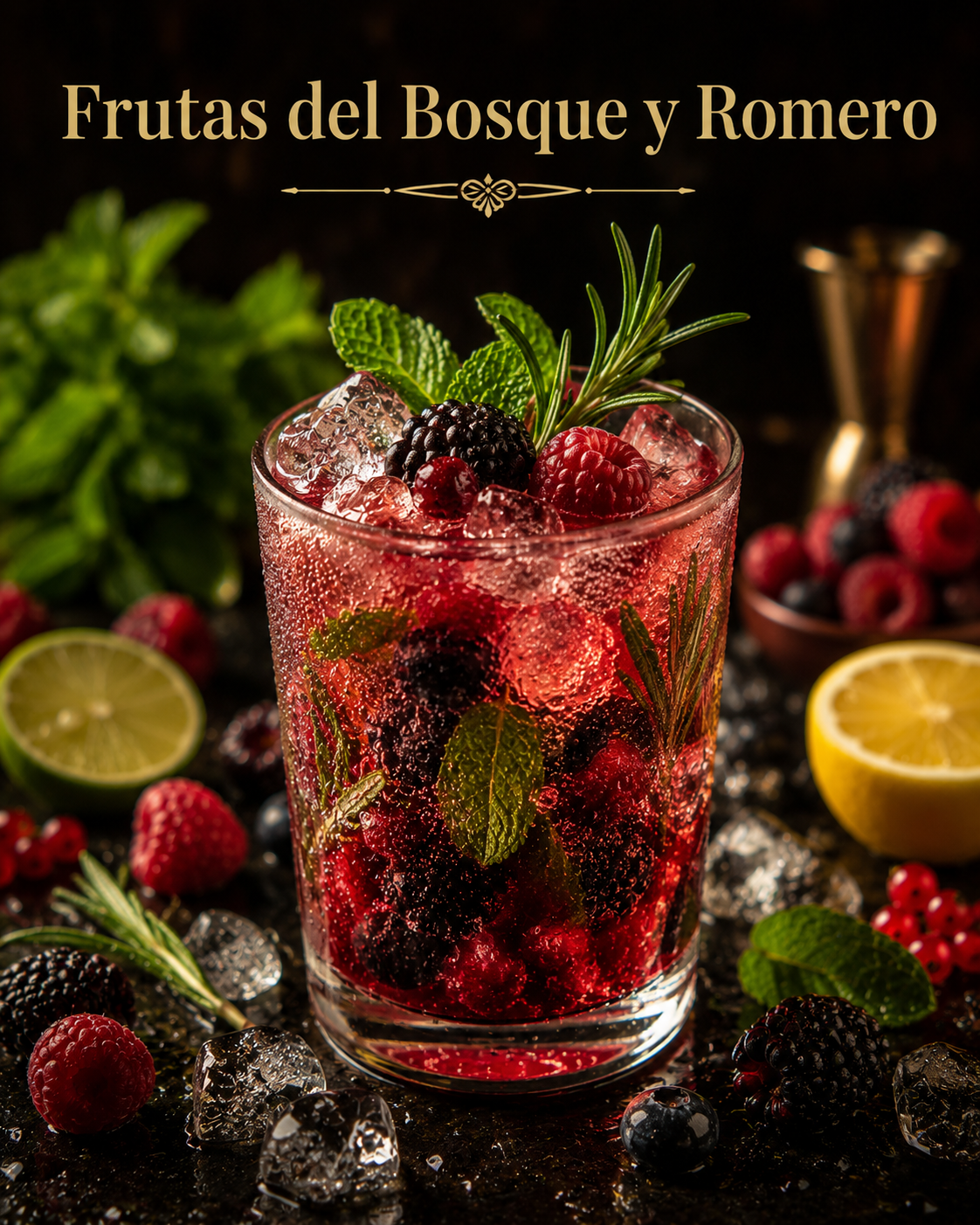 Mojito de frutas del bosque con una ramita de romero