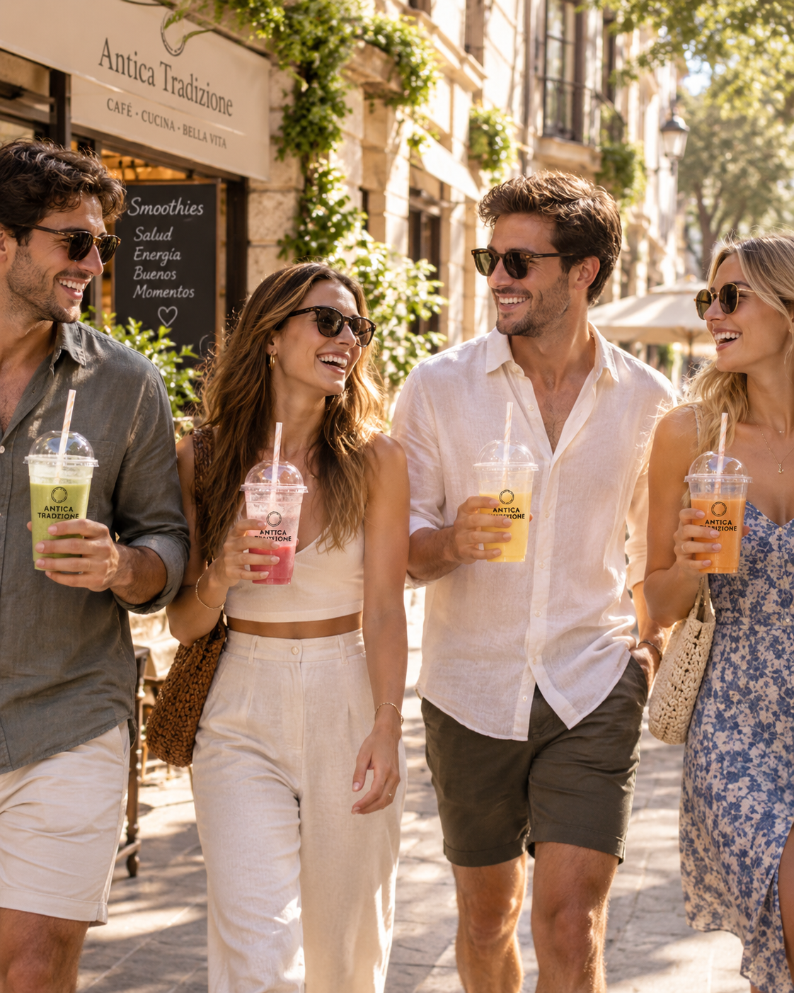 Grupo de amigos disfrutando de smoothies para llevar