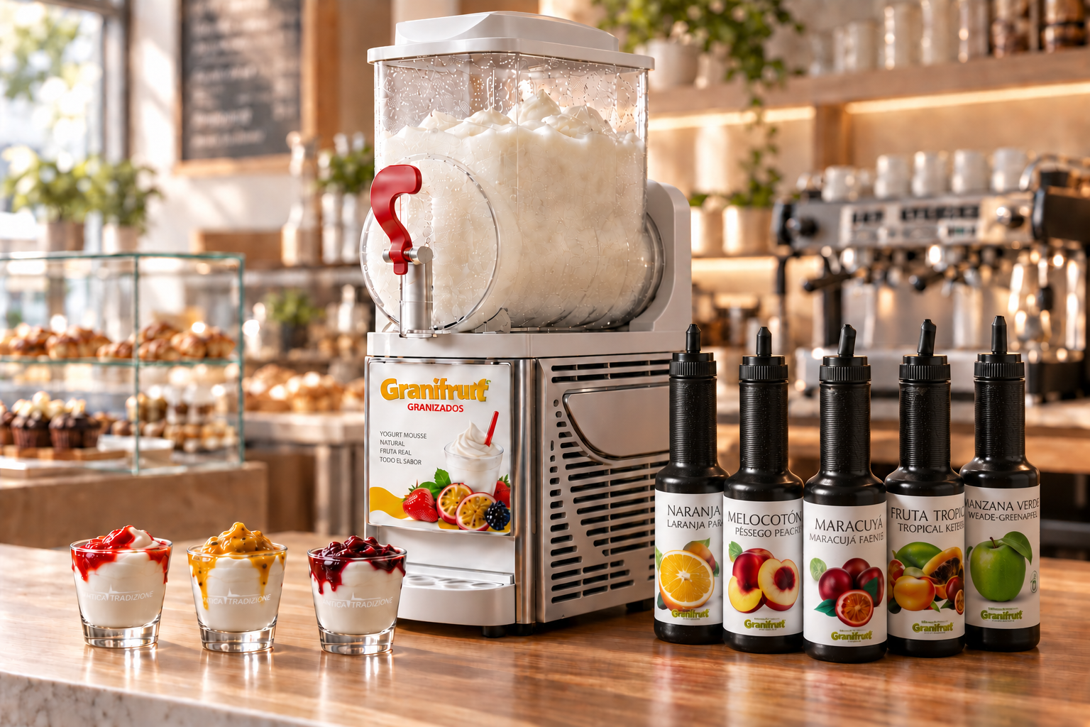 Granizadora profesional con mousse de yogur Il Greco y pur&eacute;s Granifruit