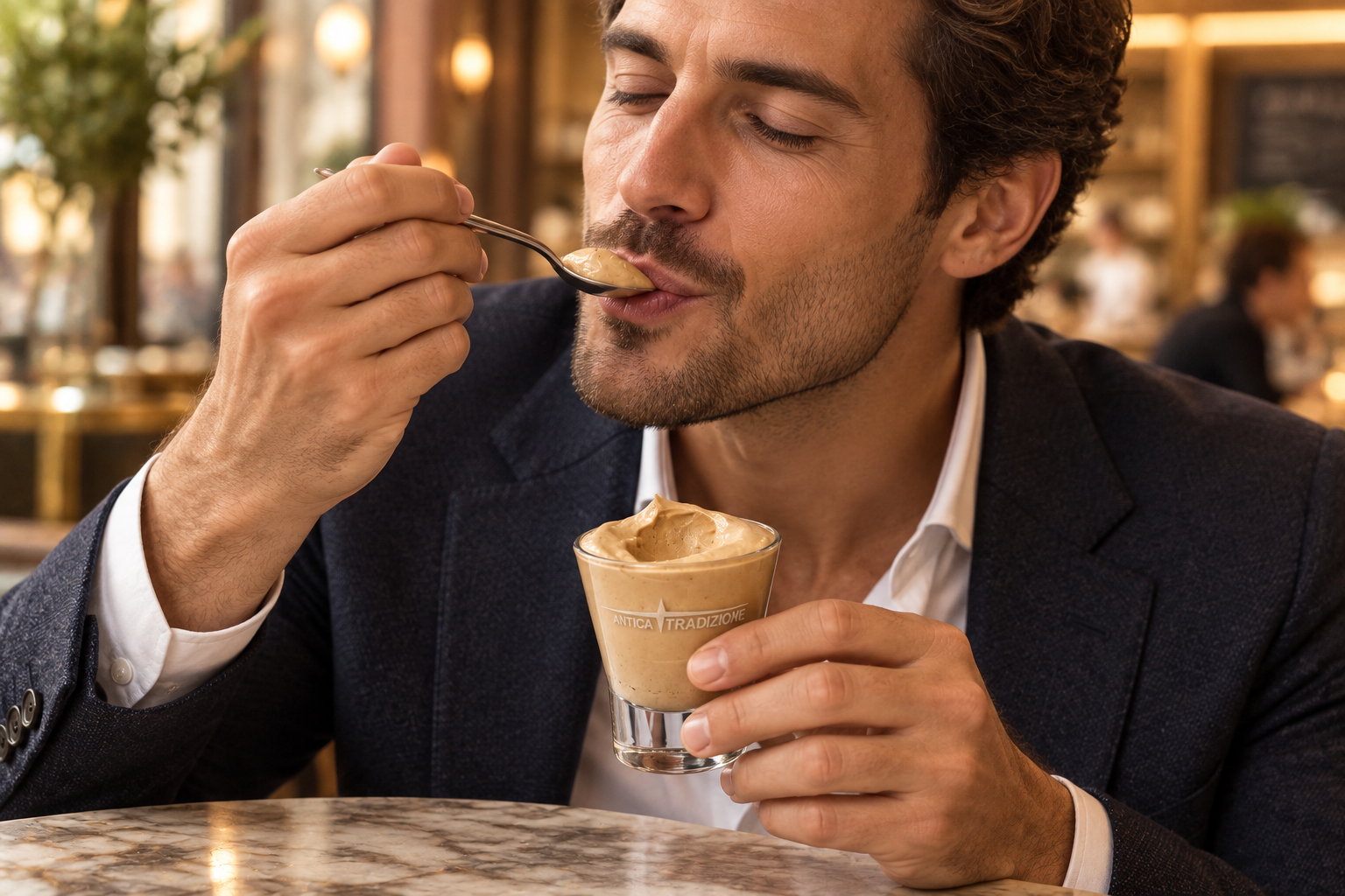 Cliente tomando crema fr&iacute;a de caf&eacute; Coffeecream con cuchara como postre