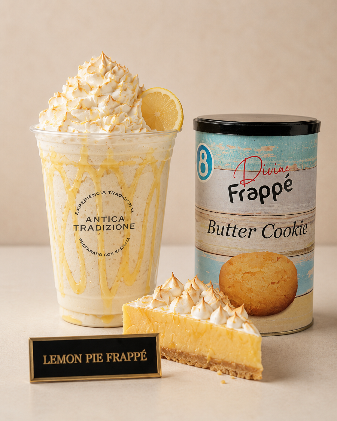 Lemon Pie Frapp&eacute; junto a una lata de Butter Cookie y una porci&oacute;n de tarta de lim&oacute;n