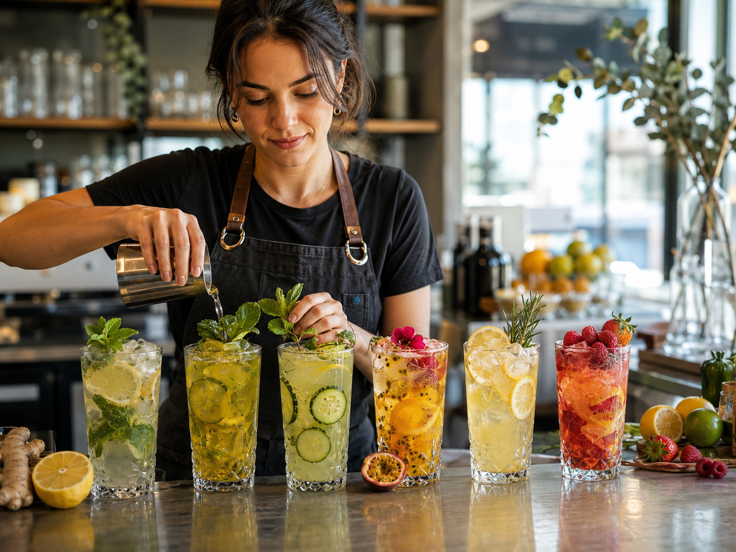 Profesional preparando limonadas con una coctelera en la barra