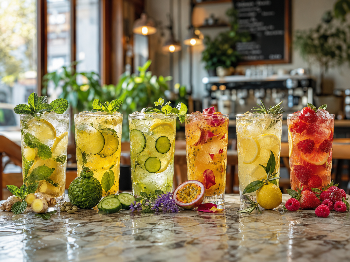 Seis limonadas Fresh Lemonade presentadas en la barra de una cafeter&iacute;a